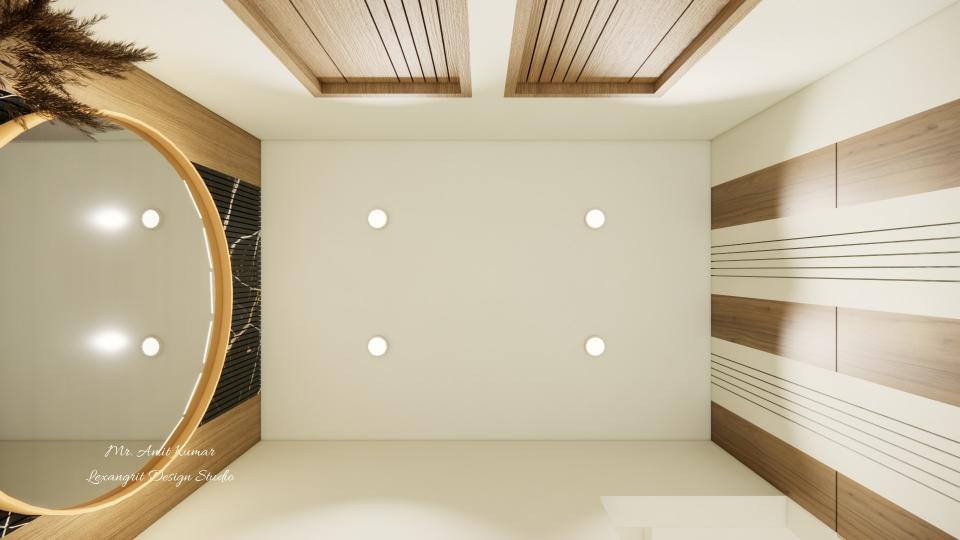 Handwash area ceiling with a white surface and four recessed lights.