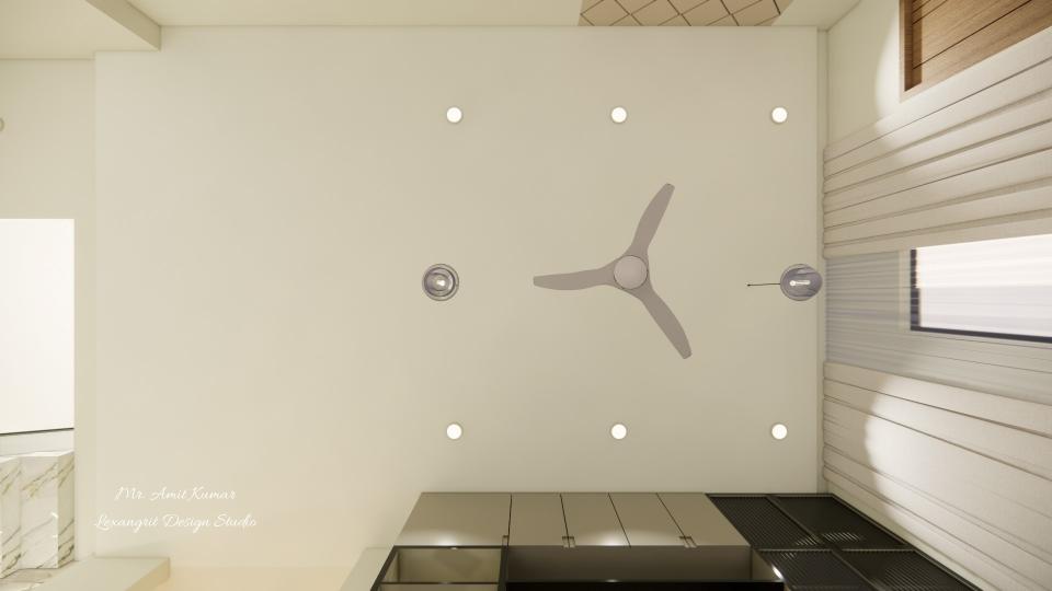 Ceiling of the dining area with a gypsum or POP false ceiling featuring recessed lights, pendant lights, and a ceiling fan.