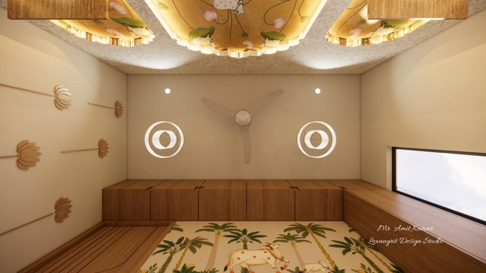 Gypsum ceiling of pooja room with spot lighting, circular pendant lights and ceiling fan