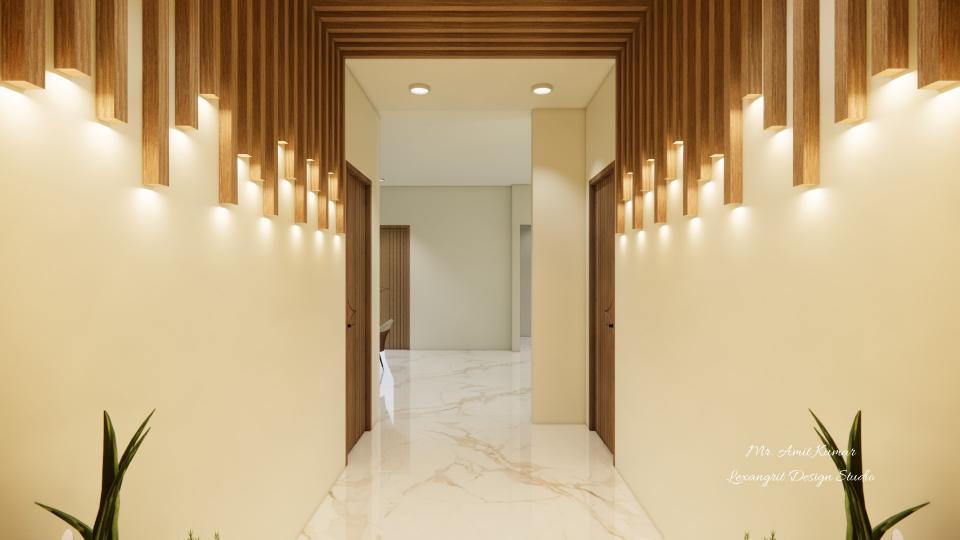 View from the veranda showing arched wooden louvers with warm integrated lighting on both side walls, leading to an open doorway and a marble-floored room with two modern wooden doors.