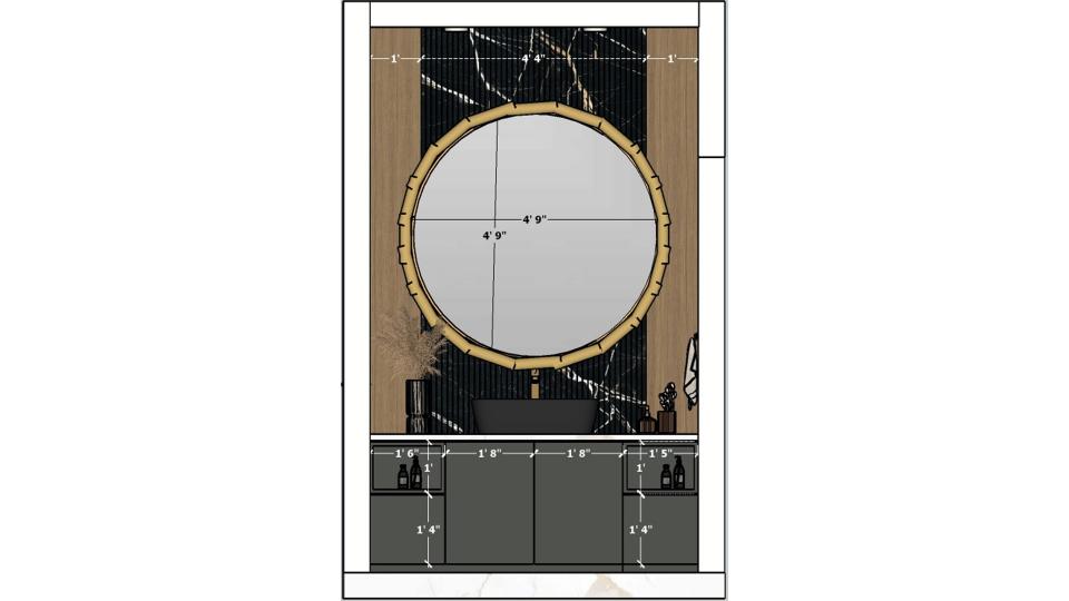 2D dimension drawing of hand wash unit design with wash basin cabinet, mirror placement, and detailed measurements for interior execution.