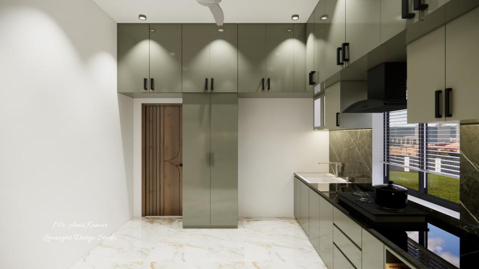 Kitchen view with cabinets and loft on the right, a black stovetop and window on the right, and a sleek white sink integrated into a black countertop.
