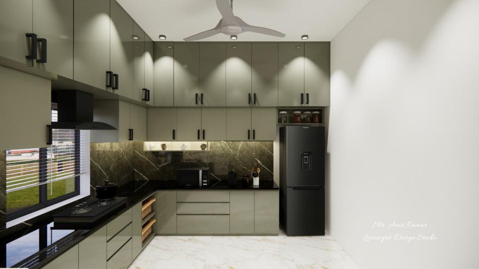 Sage green laminated kitchen storage units with minimalist black profile handles, under-cabinet lighting, a black refrigerator, built-in stovetop by a large left window, and white Italian marble flooring.
