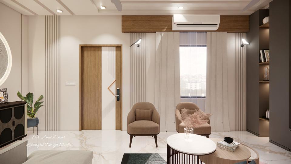 Living room window wall with floor-to-ceiling curtains, light wood textured door with vertical white stripe, wall grooves, and a shelving TV unit with warm lighting on Italian white marble flooring