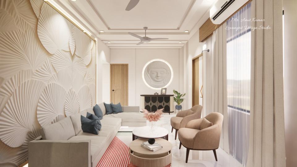 Modern living room with circular CNC-cut Buddha wall relief above designer console, large white leaf-patterned wall behind L-shaped sofa, and adjacent neutral wall with wooden door and window.