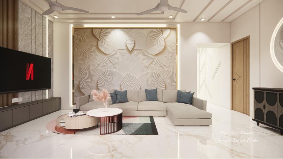 Living room with light grey L-shaped sofa against a 3D leaf textured CNC POP/HDHMR wall — a luxury sofa back wall design and living room 3D POP wall design with TV unit, marble flooring, and ceiling fans.