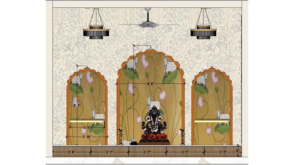 Pooja room measurement layout showing marble platform dimensions, wall panel design with lotus artwork, and pooja room front wall detailing for accurate puja ghar planning.