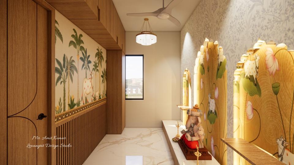 Pooja room with window, traditional Pichwai-style wallpaper of cows and palm trees above wooden rafters with overhead wooden cabinets, opposite grey floral pattern wallpaper with integrated lighting lotus panels and Ganesha idol on white Italian marble platform, white Italian marble floor and modern circular pendant lights