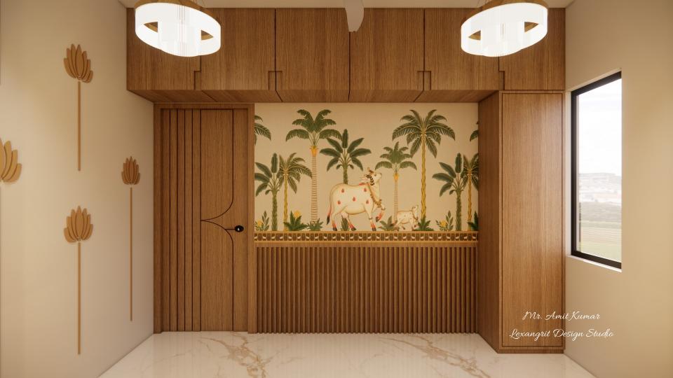 pooja room with traditional indian pichwai-style wallpaper of cows and palm trees, wooden rafters, built-in wooden cabinetry, wooden door, modern circular pendant lights, and white italian marble floor.