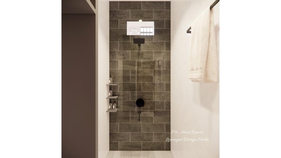Bathroom view with a dark grey tiled wall and matte black accessories.