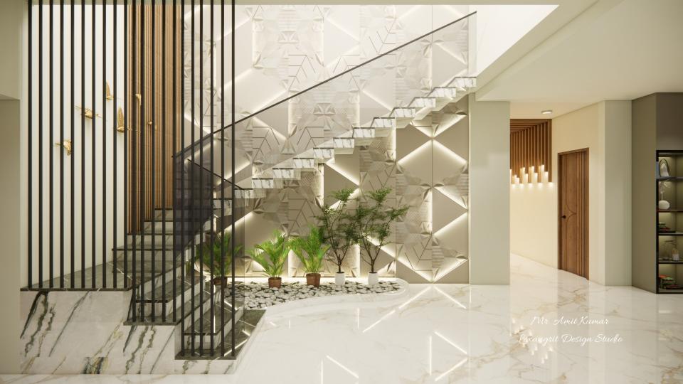 Side view of staircase with geometric 3D triangular textured wall with integrated lighting and indoor garden landscape at its base