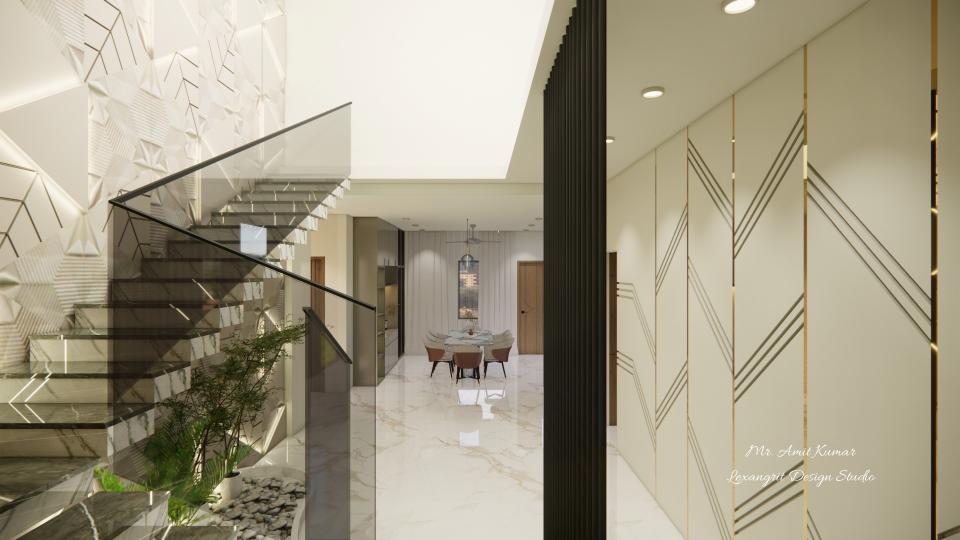 View from staircase landing toward dining area highlighting dark grey Italian marble steps, glass railing, and gold patti-inlay feature wall.