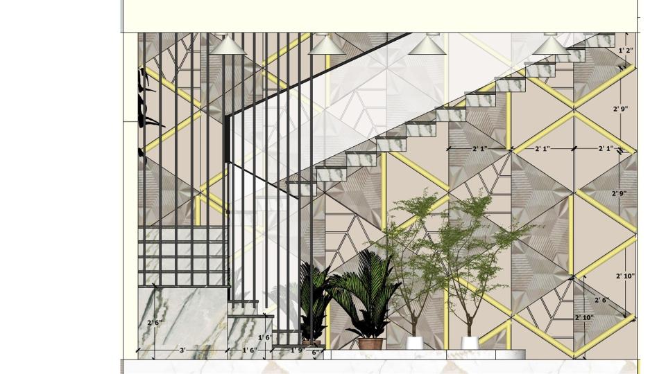 Measurement details of staircase textured wall with integrated lighting showing wall dimensions, wooden PVC louver layout, and decorative wall planning beside staircase.