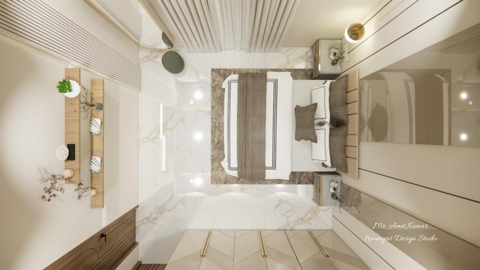Top view of a parents’ bedroom with a neutral beige and white palette, Italian white marble flooring, a large bed with grey accents, and sleek built-in wardrobes with geometric patterns.