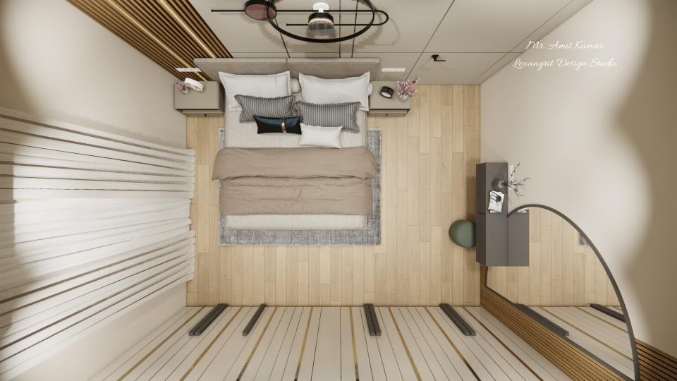 A top view of the master bedroom with wooden texture flooring, a bed back wall with wooden rafters and a wall mural, full-height curtain on the left, a half-moon mirror and dressing unit console on the right, and a wardrobe with plywood/HDHMR board with golden patti on the opposite wall.