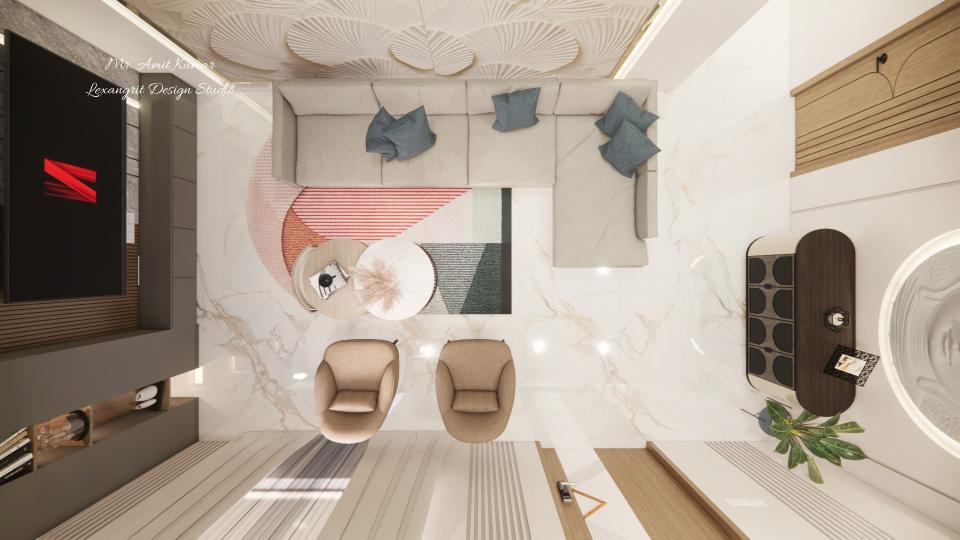 top view layout of a modern living room with a 3+1 l-shaped sofa, two armchairs, a designer tv console unit, leaf-textured accent wall, and modern console next to a wooden door.