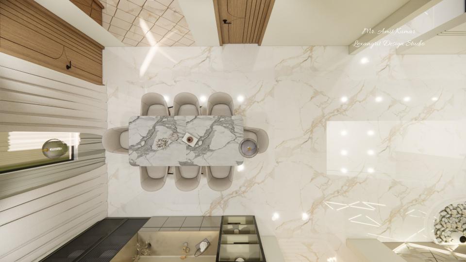 Eight-seater marble dining table seen from above in a dining area with glossy white Italian marble flooring, neutral curtains, and wood-panelled doors.