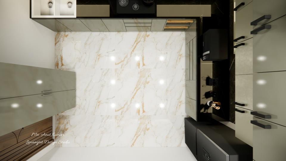 Top view of an L-shaped kitchen with white Italian marble flooring, sage green cabinetry with sleek handles, and a quartz marble countertop.
