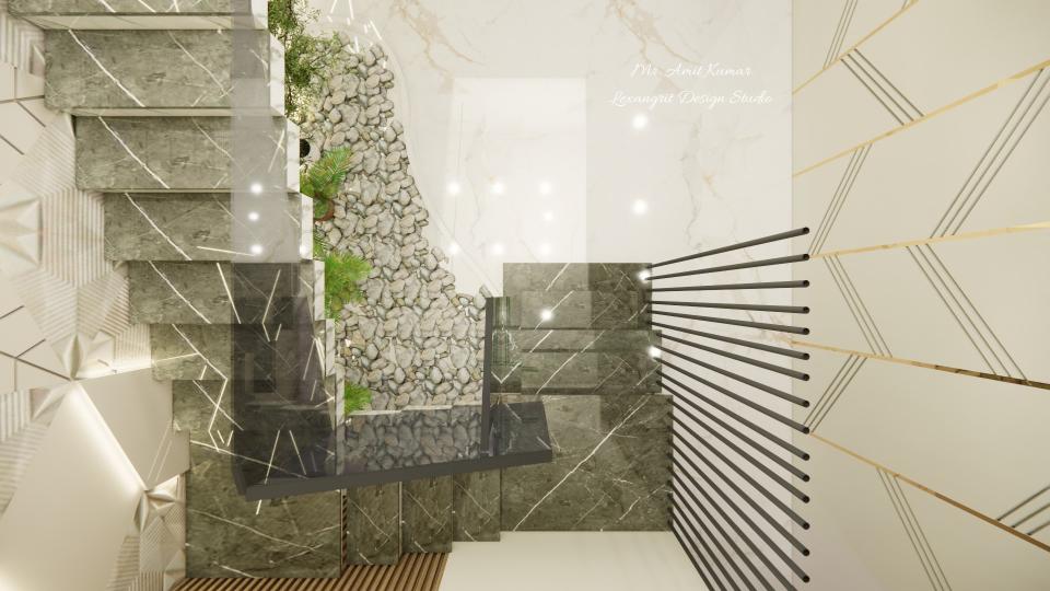 Top view of staircase with dark grey Italian marble, glass railing, and black rod balustrade, featuring an indoor pebble dry garden and triangular textured wall panels with gold accents.
