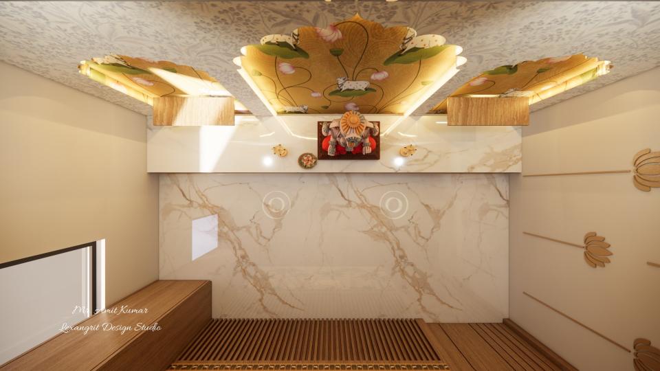 Top view of pooja room with white Italian marble wall featuring a Ganesha idol on the altar shelf and a floral-shaped arch cutout backlit panel displaying traditional artwork