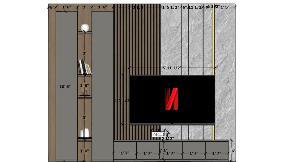 2D measurement drawing of living room TV unit showing wooden louvers panel, PU foam sheet stone wall section, storage layout, and dimension details for modern TV wall design.