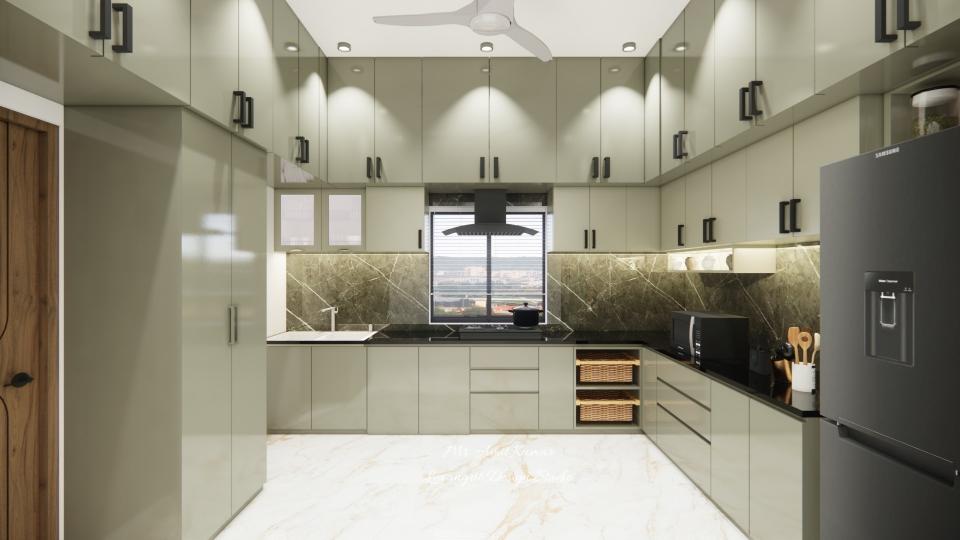 Full kitchen layout with grey or sage green laminated cabinets, chimney below window, black marble or quartz countertop, refrigerator on right, pantry unit and wooden entrance door on left.