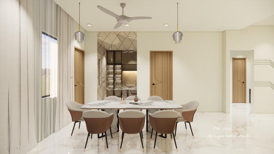 8 seater dining table chair setup in a villa dining area with diamond cut golden mirror wall panel, full-height curtain window on the left, bedroom wooden door and handwash passage on the right, creating a luxurious modern dining space.