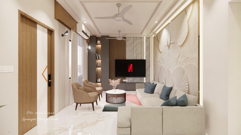 Living room front view showing TV unit with wooden louvers TV unit design, PU foam sheet stone panel, grey storage unit, and window-side layout — a balanced louvers TV panel design with warm lighting.