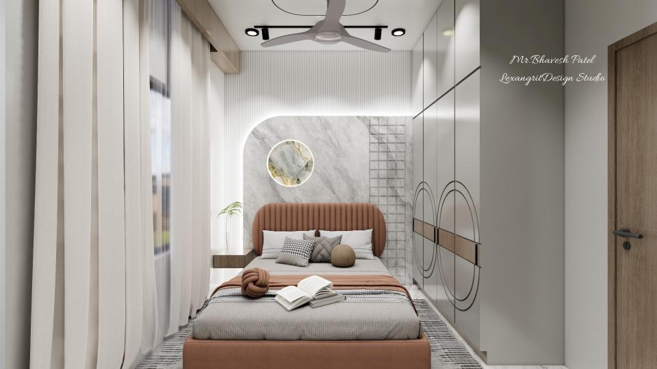 Beautiful bedback design with marble finsh panelling on fluted wall