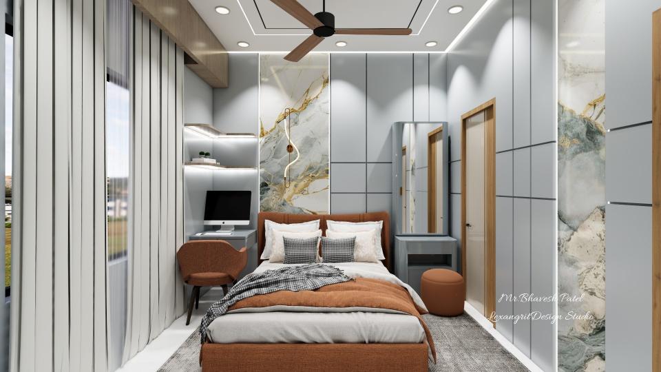 Bedback design with small study unit uv marbel sheet wall and dressing unit