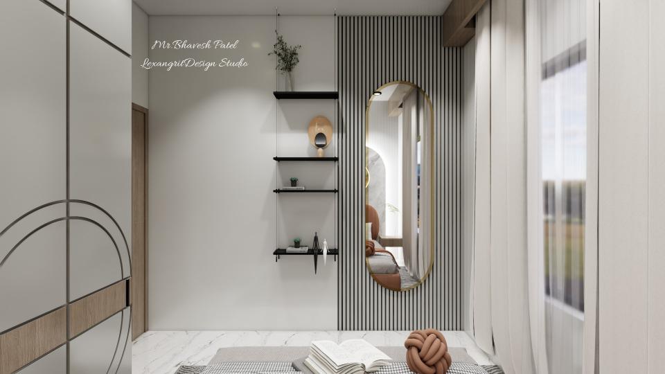 Bedroom wall design with hanging shelves and mirron on a fluted wall