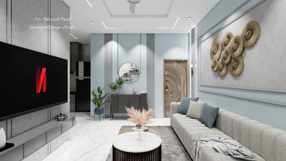 Living room hilight wall with console table, art price and main door entrence