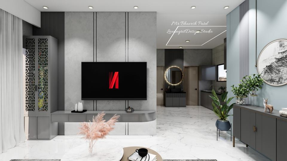 Minimilistic TV unit design with Puja unit in living room