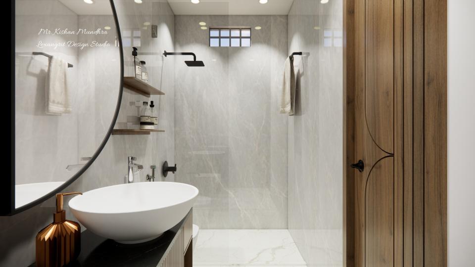 toillet design with light slate glossy tiles, seperated in dry and wet area. Dry area has a hanging vanity and white bowl sink and half moon mirror. Next to that a wc and in the wall 2 shelves are hanged and then wet area for shower