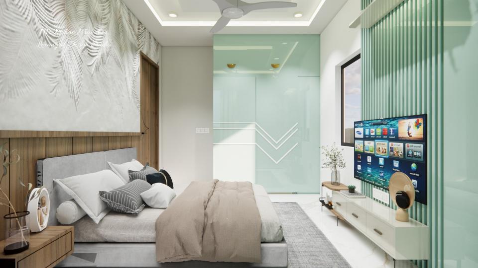 Bedroom showing luxurious bed, sleek tv unit with back side wall design & sliding wardrobe