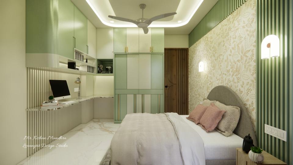 Kids bedroom showing luxurious bed ,Study unit and some more storages