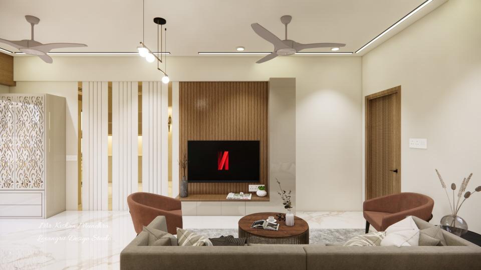 Living area to tv unit view and louvers panelling design