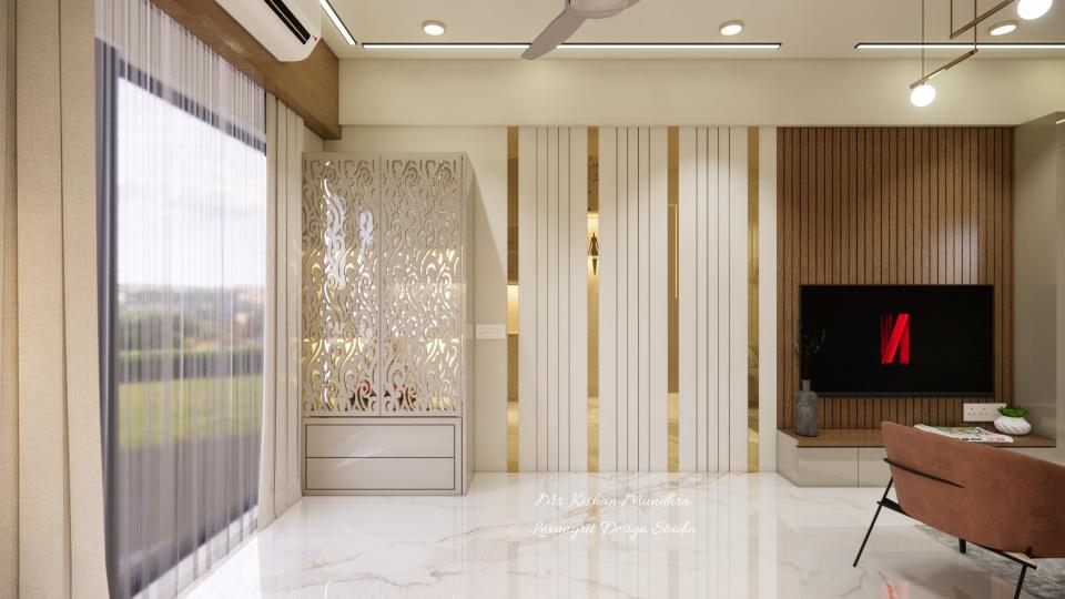 Living room showing puja unit with groove cutting wall design