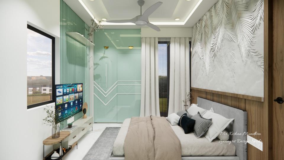 Parents bedroom showing luxurious bed, sleek tv unit & decorative sliding wardrobe