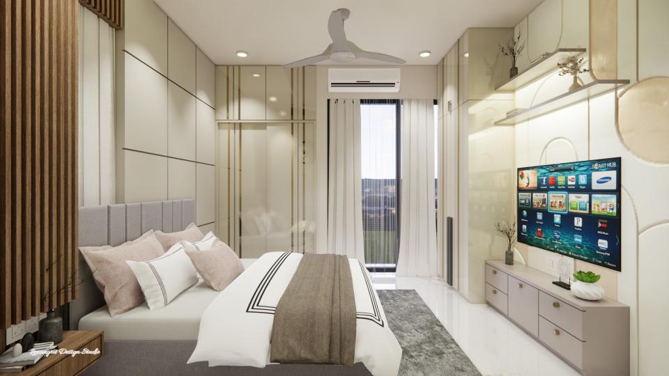 Showing luxury bed, hanging side table sleek tv unit and sliding decorative golden strip highlights design wardrobe