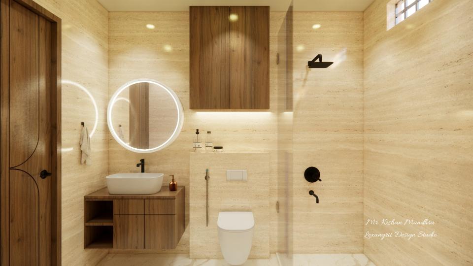 Toilet front view and showing vanity unit with round shape mirror,wc area,some storage, shower area