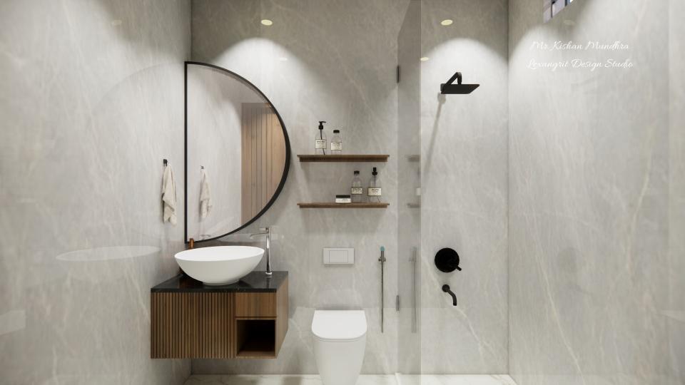 Toilet front view, showing designing vanity unit with half moon shape mirror & wc area , shower area