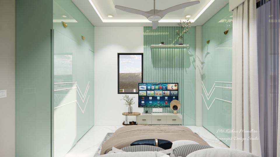 Tv unit front view showing some storage and back wall louvers design