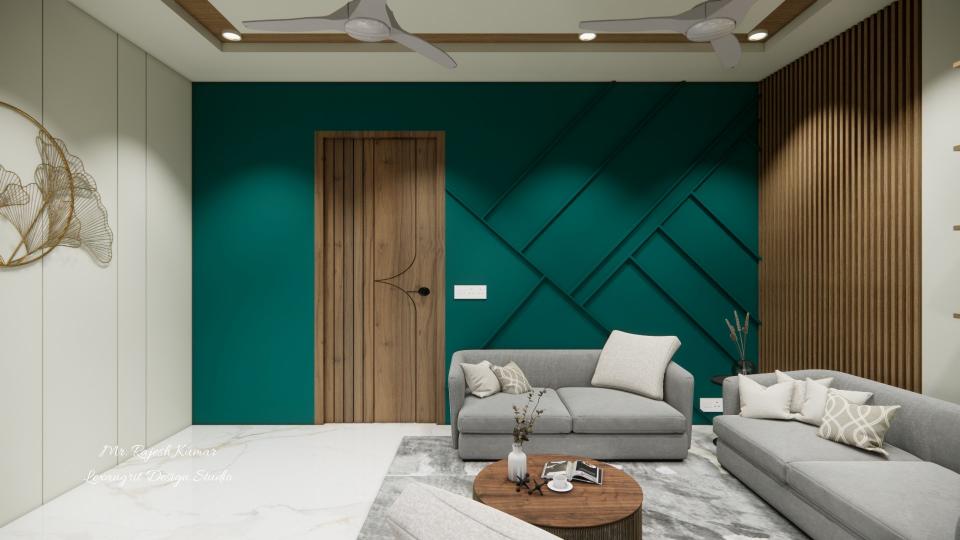 Drawing Room comfortable seating area front of center table and decorative wall design