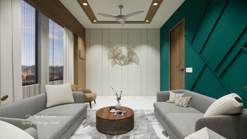 Drawing Room large sofa seating area front of center table and decorative wall