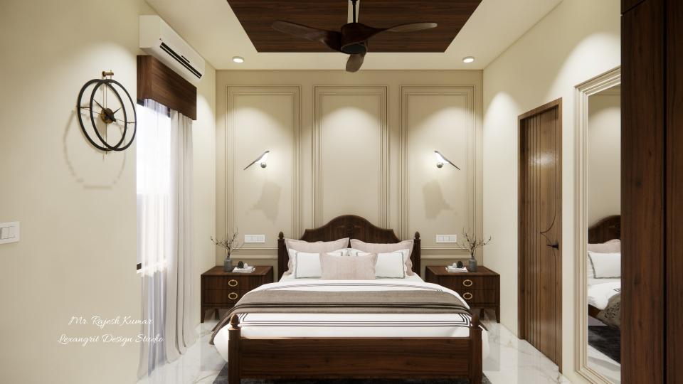 Guest bedrooom showing front of bed and side table with decorative head board wall