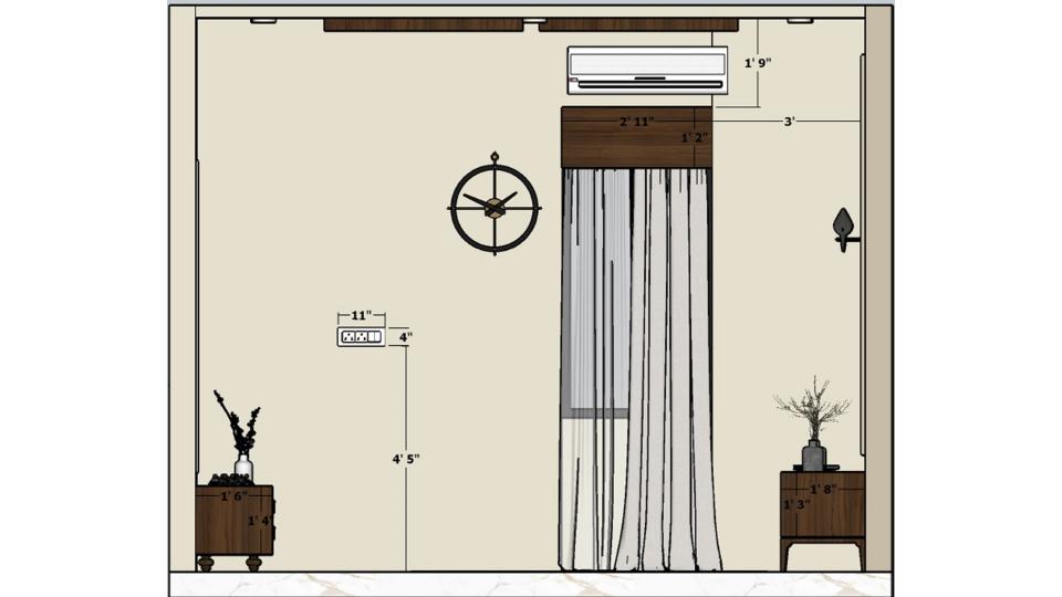 Guest bedrooom showing luxurious bed front of tv unit 2d dimensions