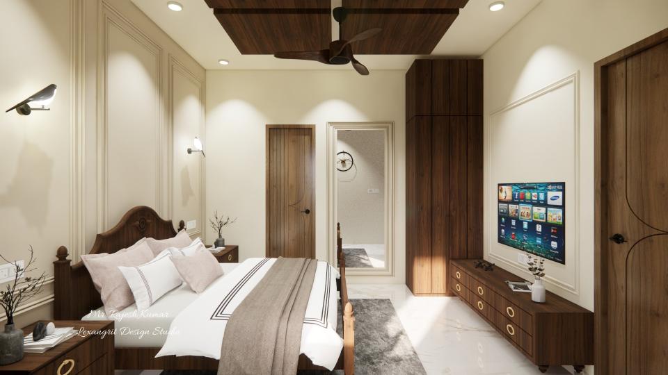 Guest bedrooom showing luxury bed, sleek tv unit and some storage and door hight mirror