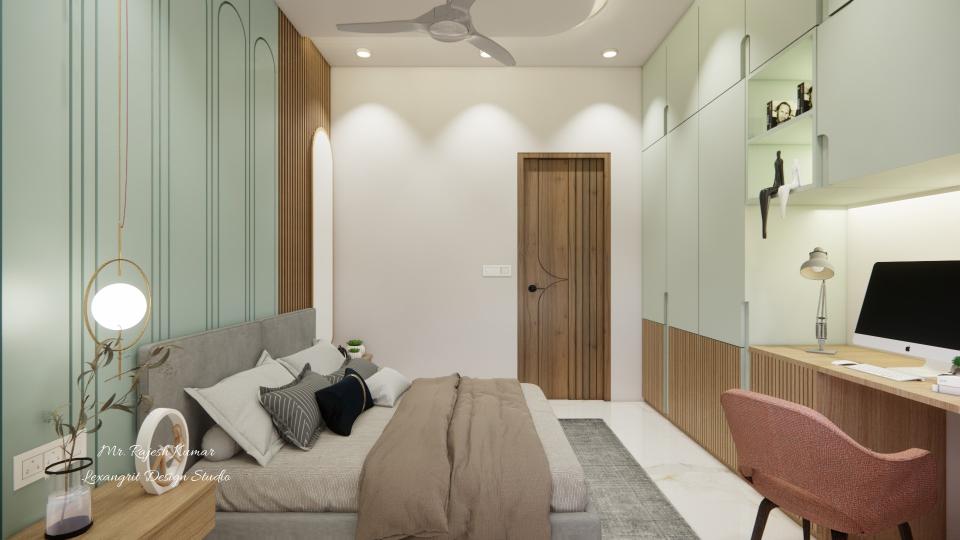 Kid's bedroom luxurious bed room and round shape mirror,side table ,study table with sliding wardrobe