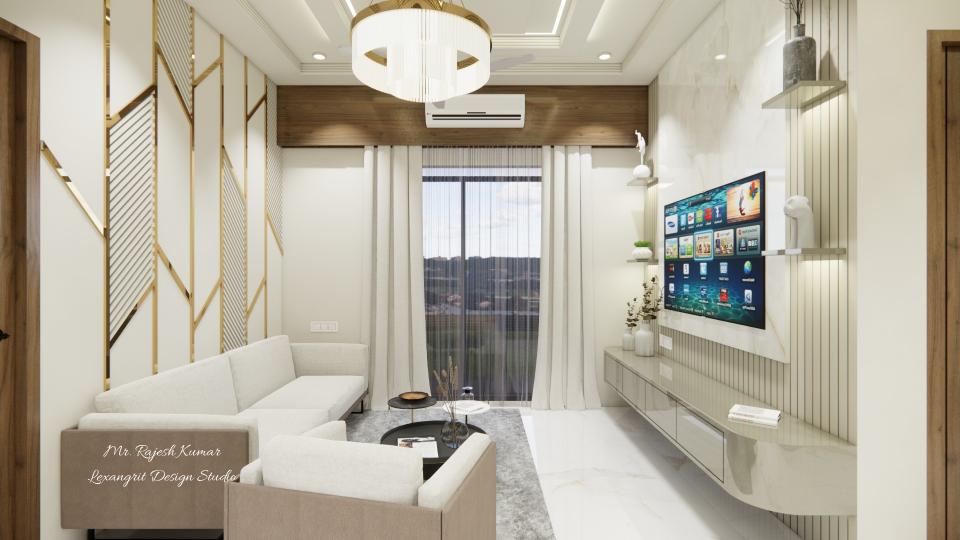 Living sleek tv unit and comfortable seating area